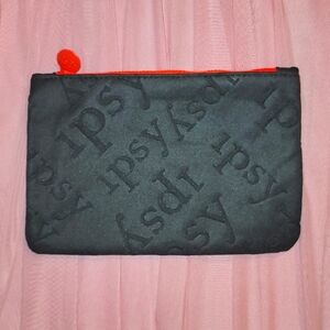 NEW Ipsy Neoprene-look embossed makeup bag; black & neon coral; new, never used